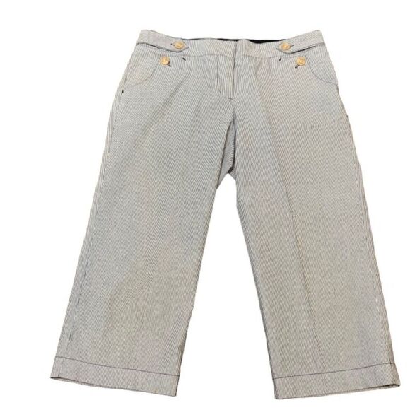 IZOD Nautical Navy and White Pinstripe Pants Cropped Cotton Buttons Size 10 - Picture 1 of 11